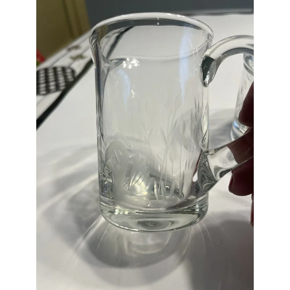 Crystal Glass Clear Etched Swans & Cattails Creamer Sugar Bowl w Lid